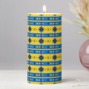 Blue and yellow tribal  pillar candle