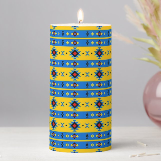 Blue and yellow tribal  pillar candle (In Situ)