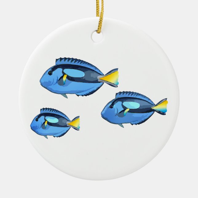 Blue and Yellow Tropical Fish Ceramic Ornament (Front)