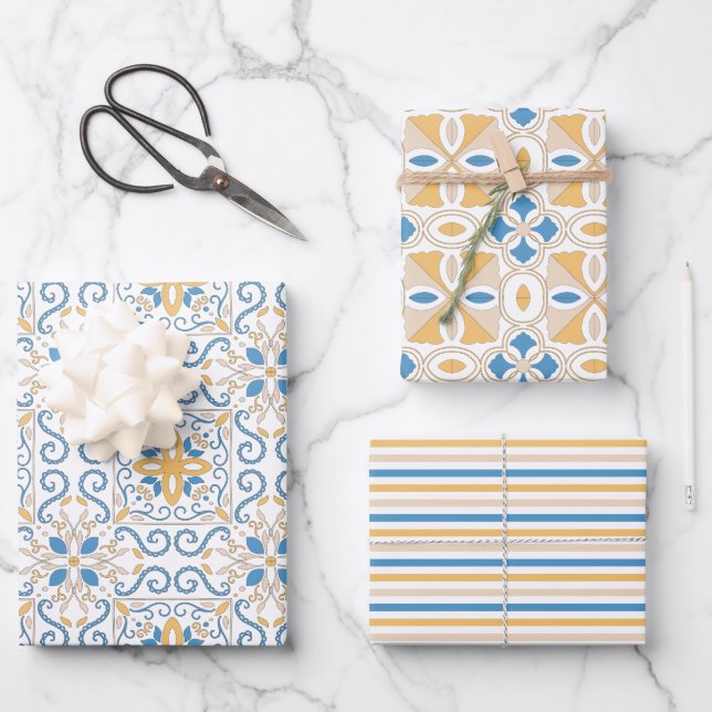 Blue and Yellow Tuscan Damask Wrapping Paper Sheets (Front)