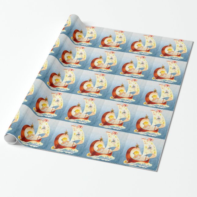 Blue and Yellow Vintage Baby Shower Wrapping Paper (Unrolled)