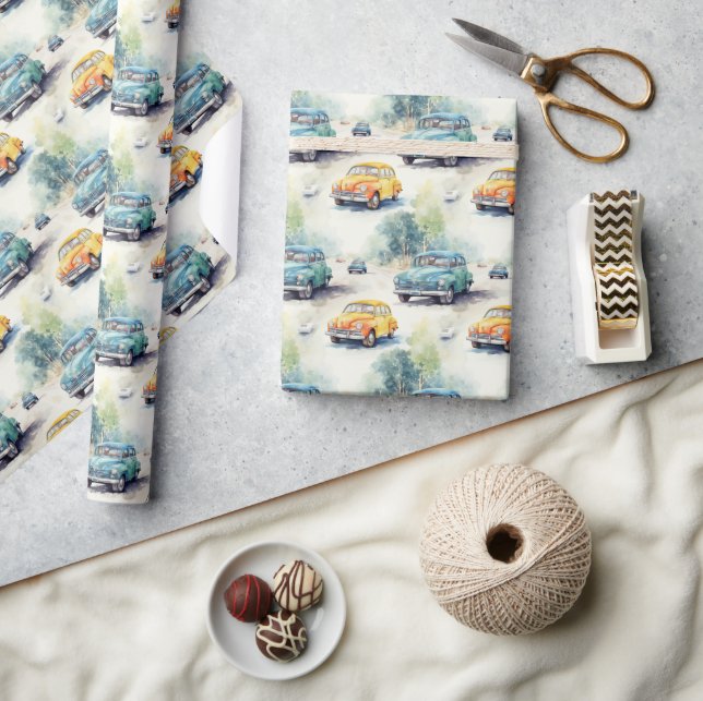 Blue and Yellow Vintage Cars - Wrapping Paper (Crafts)