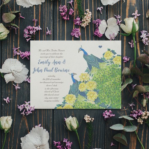 Blue and Yellow Vintage Peacock Wedding Invitation