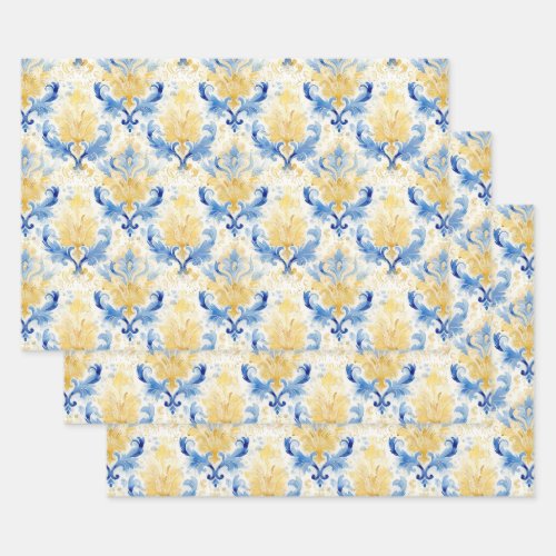 BLUE AND YELLOW WATERCOLOR DAMASK DECORATIVE PAPER