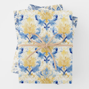 BLUE AND YELLOW WATERCOLOR DAMASK GIFT WRAPPING PAPER SHEETS