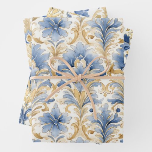 BLUE AND YELLOW WATERCOLOR DAMASK GIFT WRAPPING PAPER SHEETS