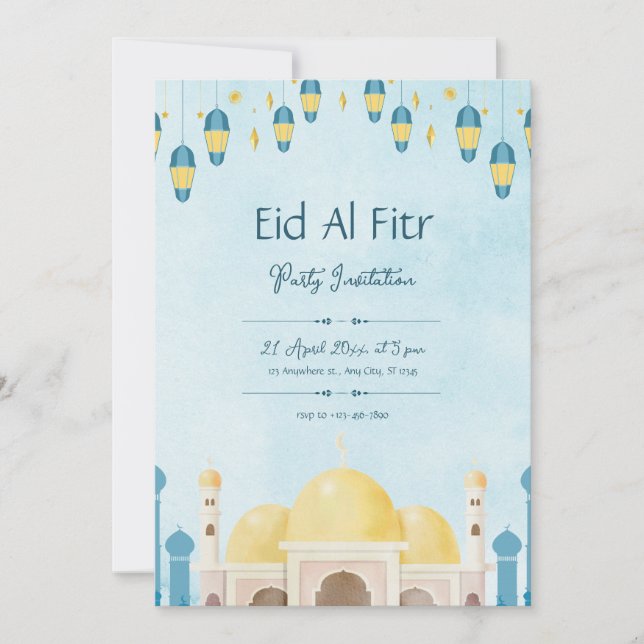 Blue and Yellow Watercolor Eid Party Invitation (Front)