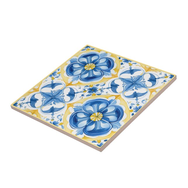  💛💙 Blue and yellow, watercolor floral Azulejos  Ceramic Tile (Side)