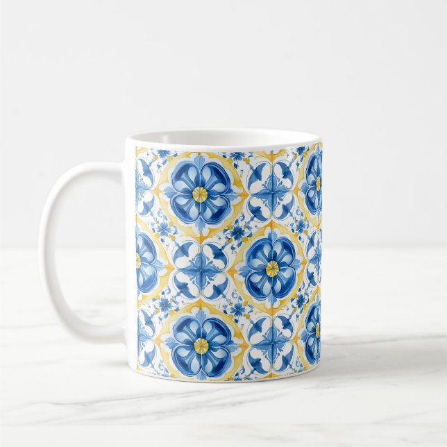  💛💙 Blue and yellow, watercolor floral Azulejos  Coffee Mug (Left)
