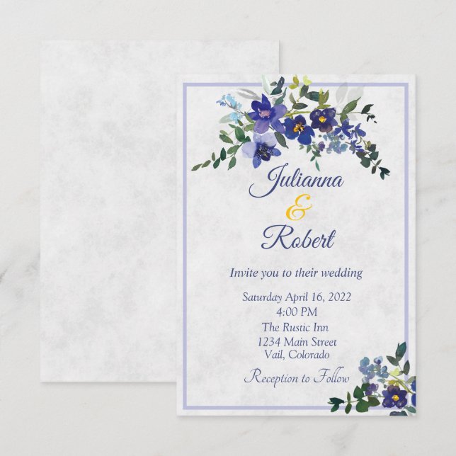 Blue and yellow watercolor floral wedding invitati invitation (Front/Back)
