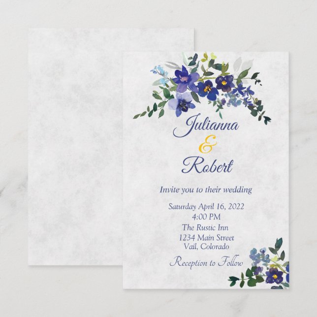 Blue and yellow watercolor floral wedding invitation (Front/Back)