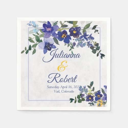 Blue and yellow watercolor floral wedding napkins