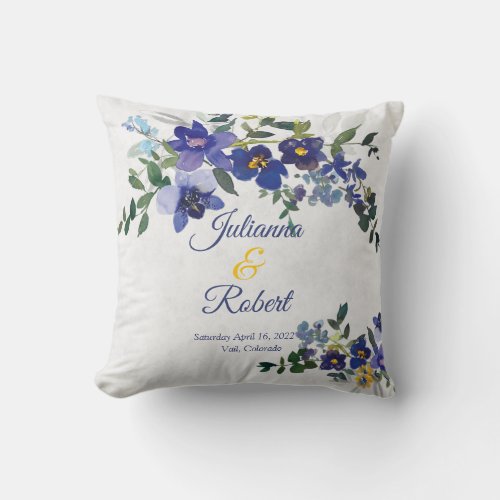 Blue and yellow watercolor floral wedding  throw pillow