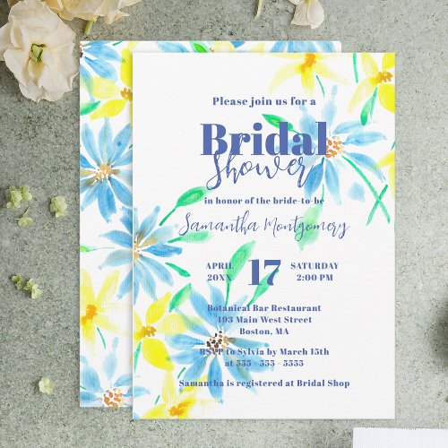 Blue and Yellow Watercolor Flowers Bridal Shower Invitation