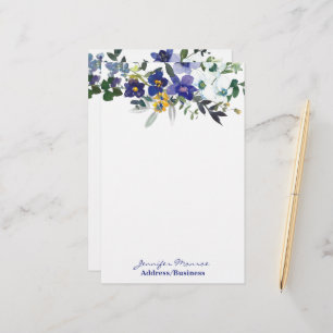 Blue and yellow watercolor flowers personalized stationery