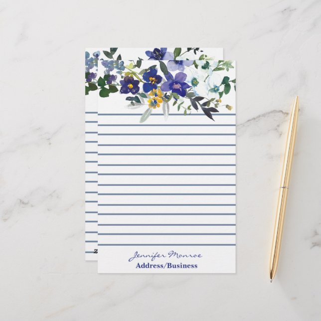 Blue and yellow watercolor flowers personalized  stationery (Front/Back In Situ)