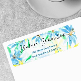 Blue and Yellow Watercolor Flowers Return Address