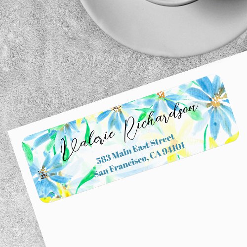 Blue and Yellow Watercolor Flowers Return Address Label