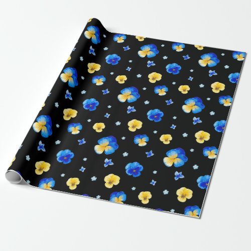 Blue and Yellow Watercolor Pansy Flowers Black   Wrapping Paper
