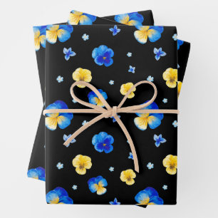 Blue and Yellow Watercolor Pansy Flowers Black Wrapping Paper Sheets