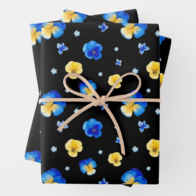 Blue and Yellow Watercolor Pansy Flowers Black  Wrapping Paper Sheets (In situ)