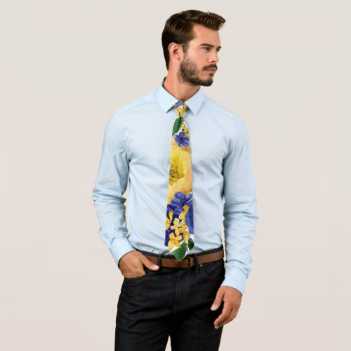 Blue and Yellow Watercolor Peony Mens Wedding Neck Tie