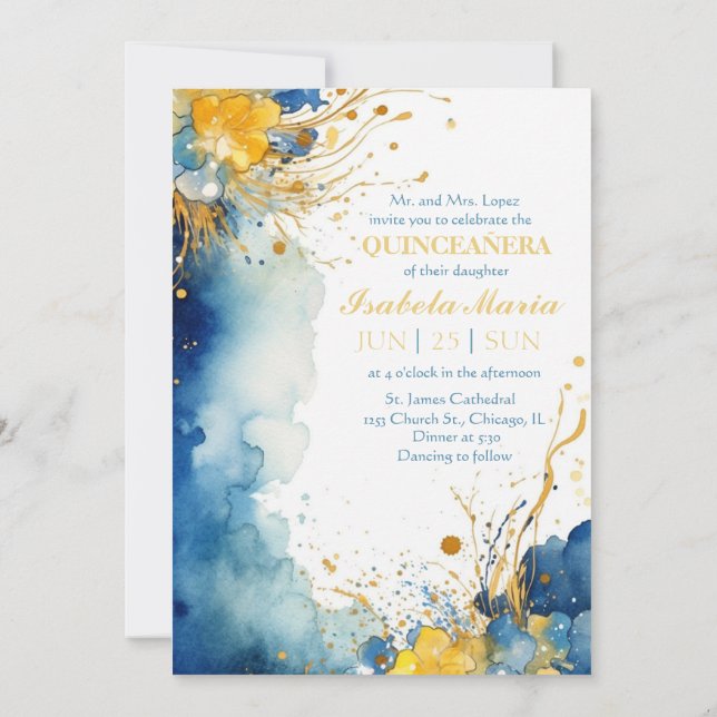 Blue and Yellow Watercolor Quinceanera Invite (Back)