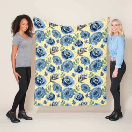 Blue And Yellow Watercolor Rose Pattern Fleece Blanket