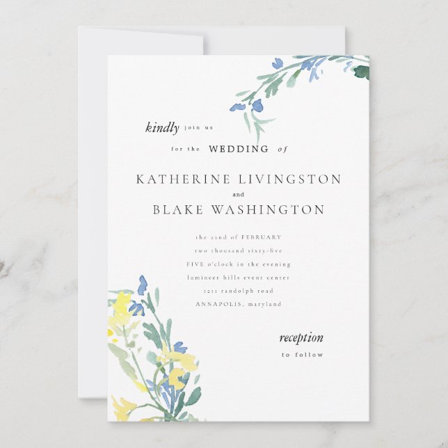 Blue and Yellow Wildflower Colorful Wedding  Invitation (Front)