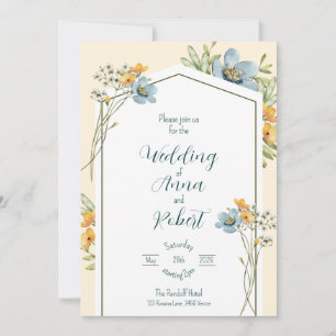 Blue And Yellow Wildflowers Geometric Wedding Invitation