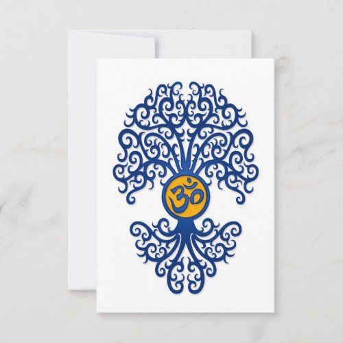 Blue and Yellow Yoga Om Tree on White Invitations