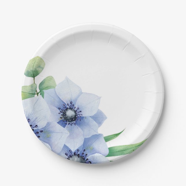 Blue Anemone and Eucalyptus Wedding  Paper Plates (Front)