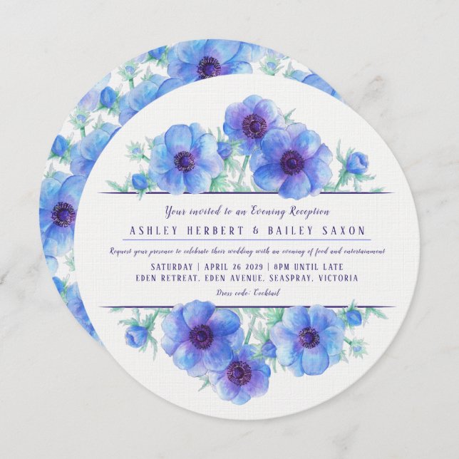 Blue anemone evening reception wedding invites (Front/Back)