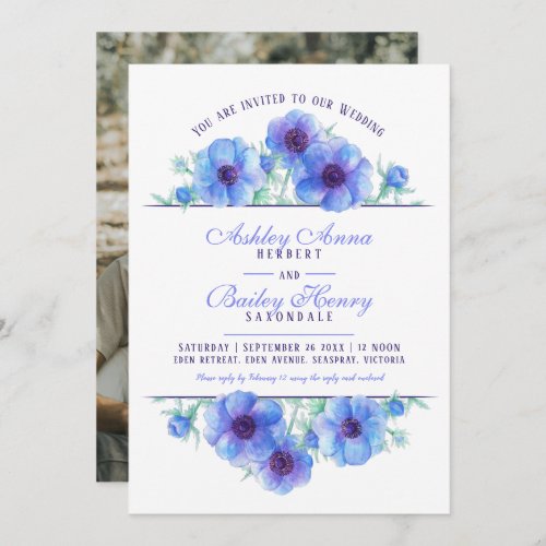 Blue anemone floral watercolor wedding photo invitation