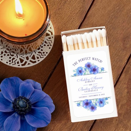 Blue anemone floral watercolor wedding photo matchboxes
