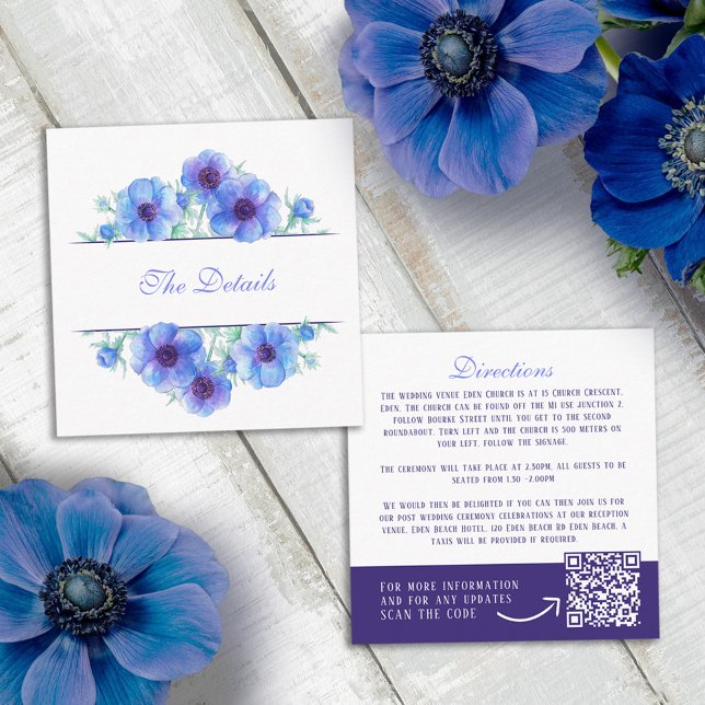 Blue anemone floral wedding details QR code Enclosure Card (Creator Uploaded)
