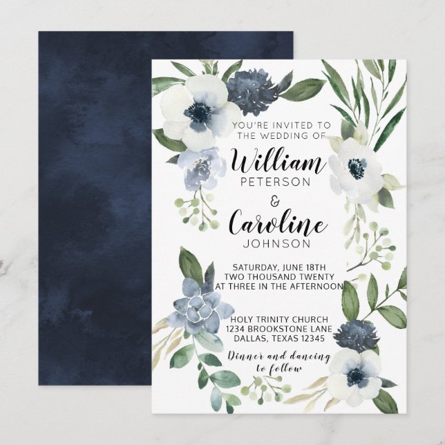 Blue Anemone Floral Wedding Invitation Invite (Front/Back)