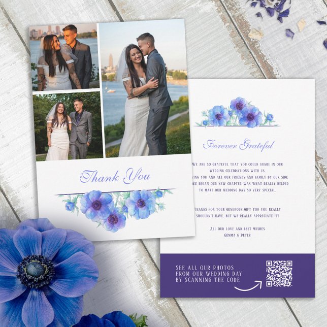 Blue anemone floral wedding thank you QR photo Card (Creator Uploaded)