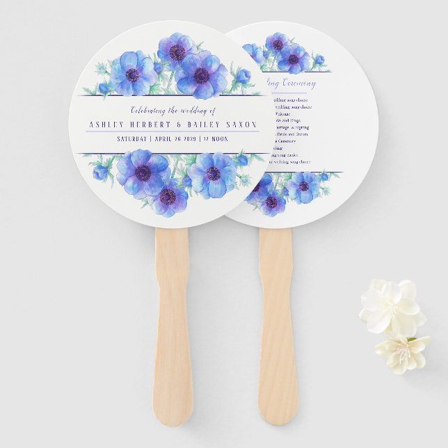 Blue anemone flower art ceremony wedding fans (Front and Back)