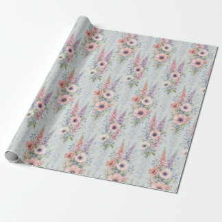 Blue Anemone Garden Floral Stripe Gift Wrapping Paper
