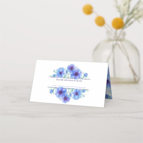 Blue anemone watercolor wedding guest place cards