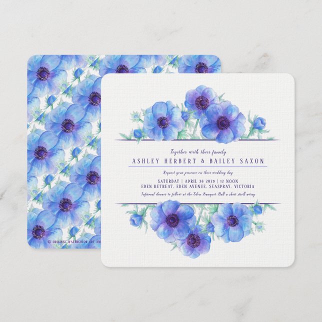 Blue anemones botanical watercolor wedding invites (Front/Back)