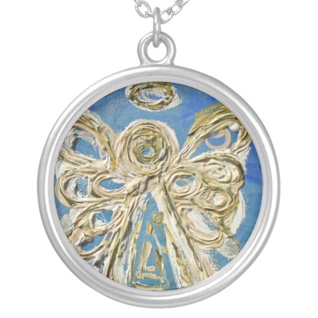 Blue Angel Wings Silver Necklace Charm Pendant (Front)