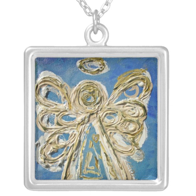 Blue Angel Wings Silver Necklace Charm Pendant (Front)
