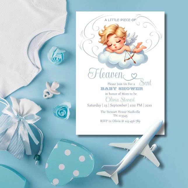 Blue Angelic Silhouettes Heaven Sent Baby Shower Invitation (Creator Uploaded)