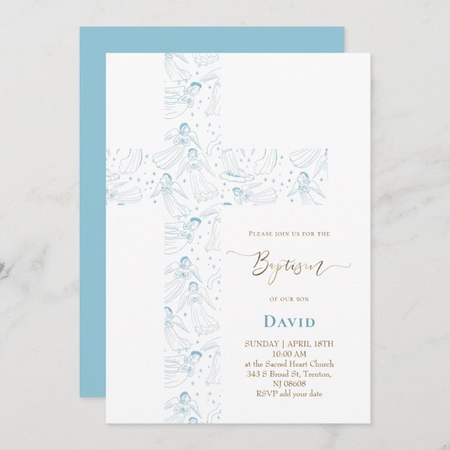 blue angels pattern Holy Cross Baptism Invitation (Front/Back)