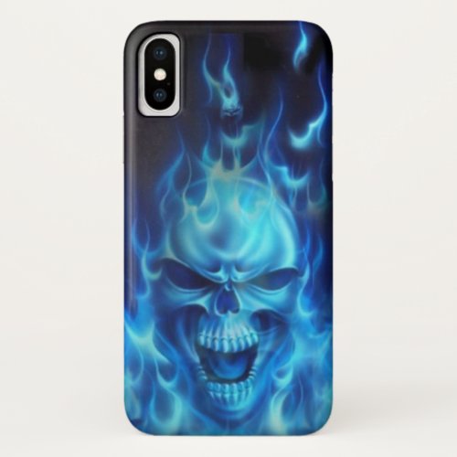 Blue Angry Skull Head with Flames iPhone X Case