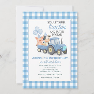 Blue Animal Farm Tractor 1st Birthday Invitation