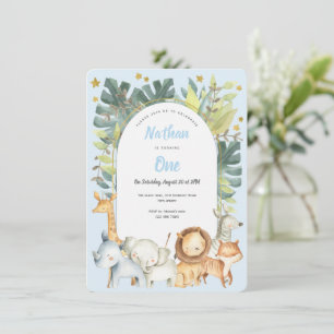 Blue animals boy 1st birthday safari jungle invitation
