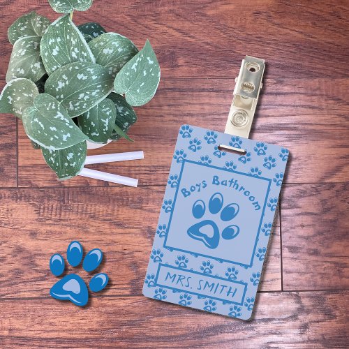 Blue animals paw prints boys bathroom pass badge